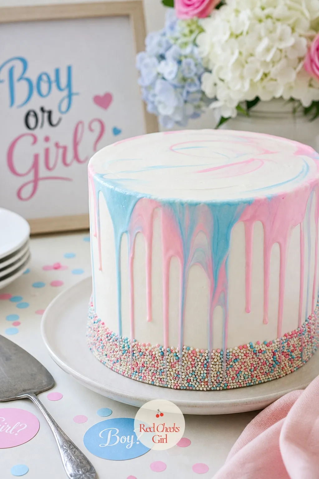 Marbled Drip Cake With Sprinkle Rim — Rather than keeping pink and blue apart, this drip swirls the two together on purpose, so the colour down the side looks