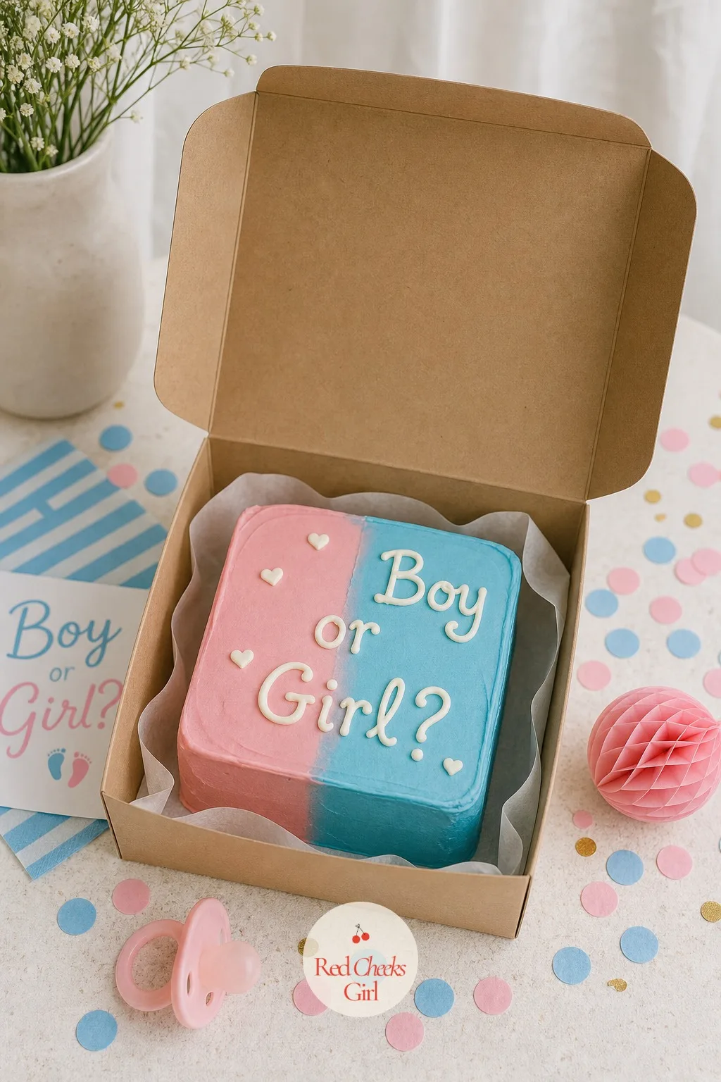 Pink-and-Blue Bento Box Cake — A full tiered cake makes no sense for a reveal shared over video call with grandparents three time zones away, and this fits in