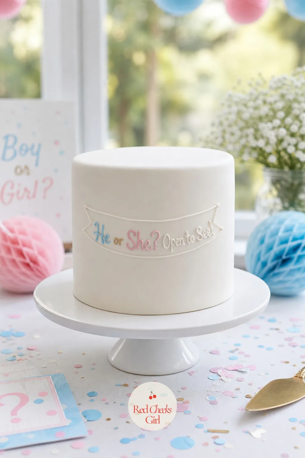 Plain White Fondant Reveal Cake — No drip, no topper, nothing to photograph on the outside at all, which is exactly the point for a party that wants the