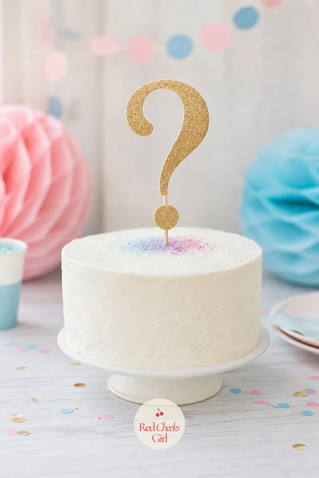 Question Mark Topper Cake — For parents who genuinely do not know the answer yet, a question mark topper tells the truth rather than performing a secret