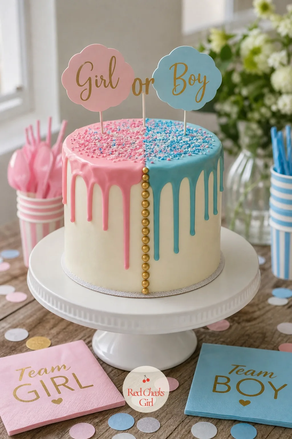Split Pink-and-Blue Drip Cake — Half the guests will guess pink, half will guess blue, and this cake lets both camps see their colour running down the side