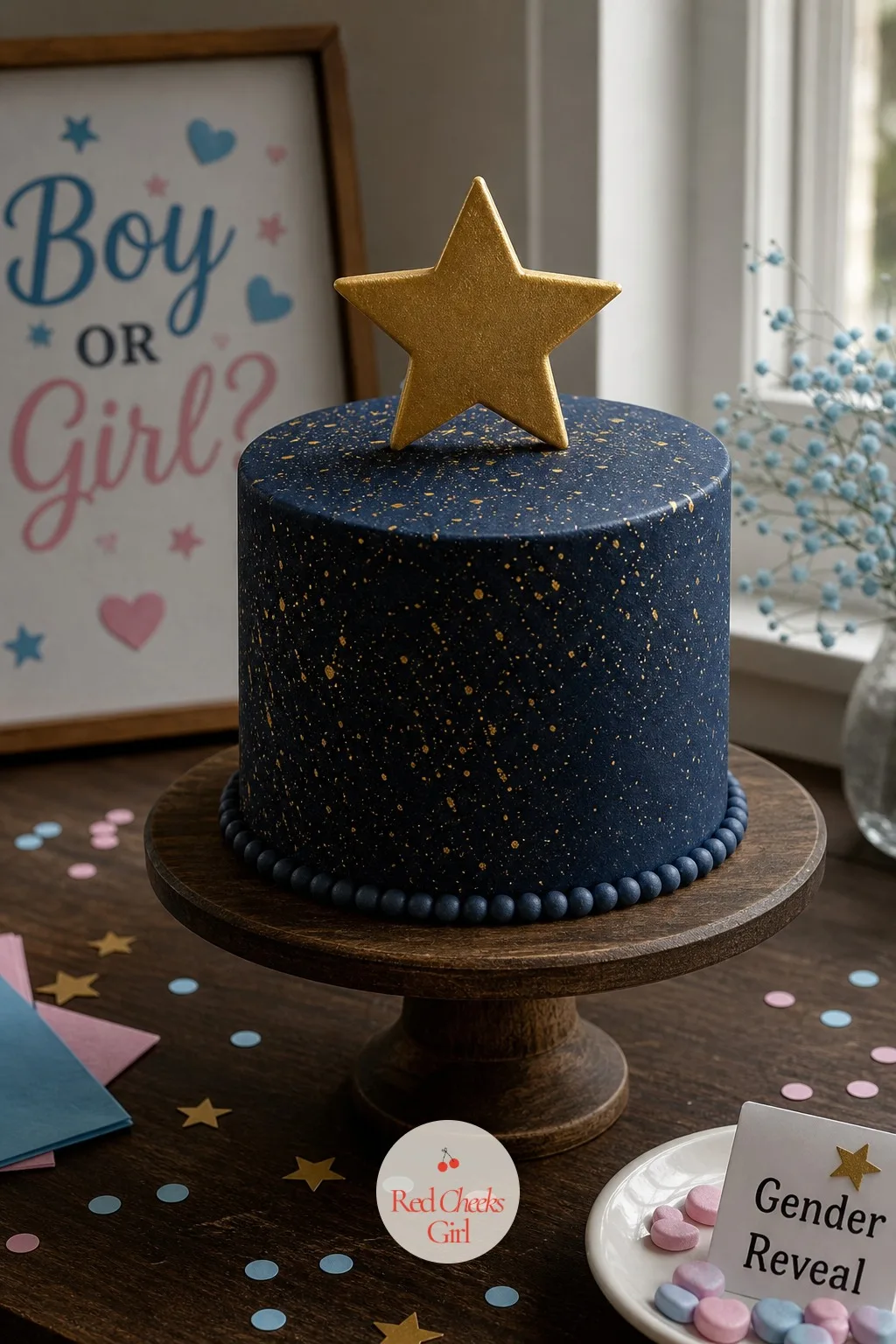 Star Topper Cake — A single gold star on a speckled navy cake reads like a quiet nursery ceiling rather than a party prop, which is exactly the effect this one