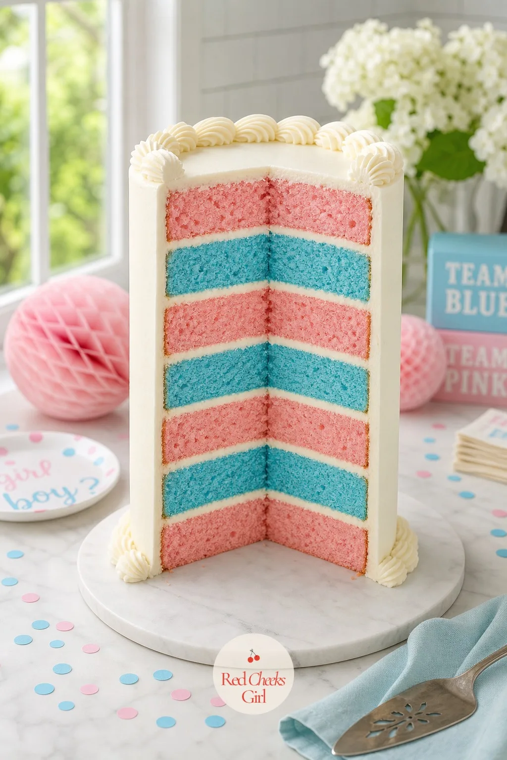 The Tall Two-Tone Surprise Cake — A short two-layer cake disappears on a table crowded with balloons and a backdrop, no matter how good the frosting tastes