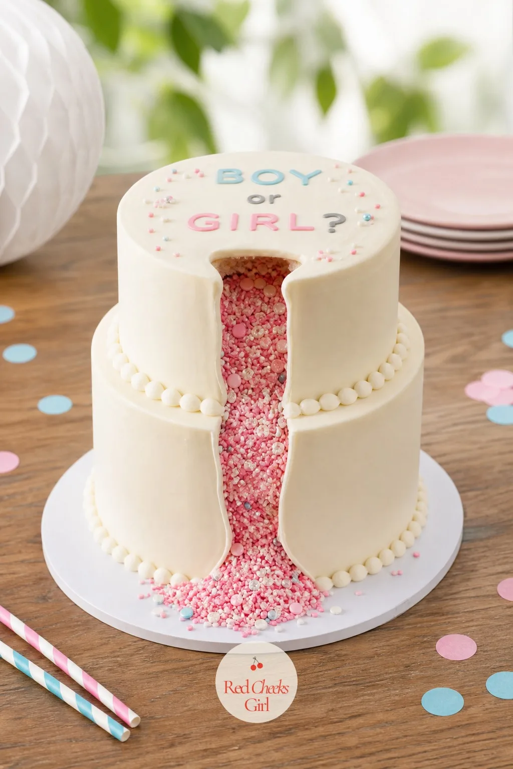 Two-Tier Cascade Pull Cake — This version sends the colour travelling, with ribbons running from the top tier down through a hollowed channel into the bottom