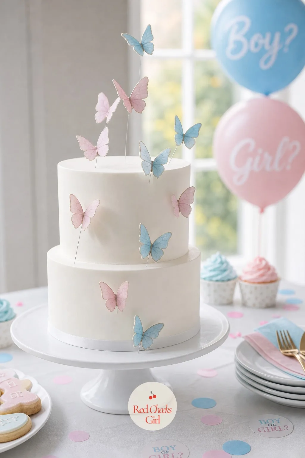 Wafer Paper Butterfly Cake — These butterflies lift slightly off the surface on folded wire legs, which means they genuinely tremble when someone sets a plate