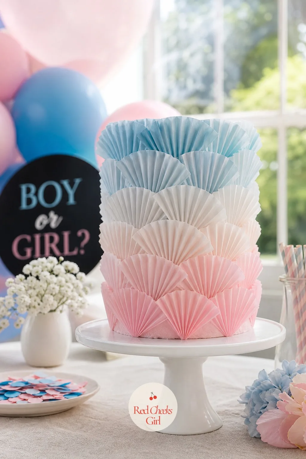 Wafer Paper Ombre Fan Cake — This one wraps the whole tier in overlapping wafer paper fans, each strip dipped in colour so the gradient runs from pale pink at