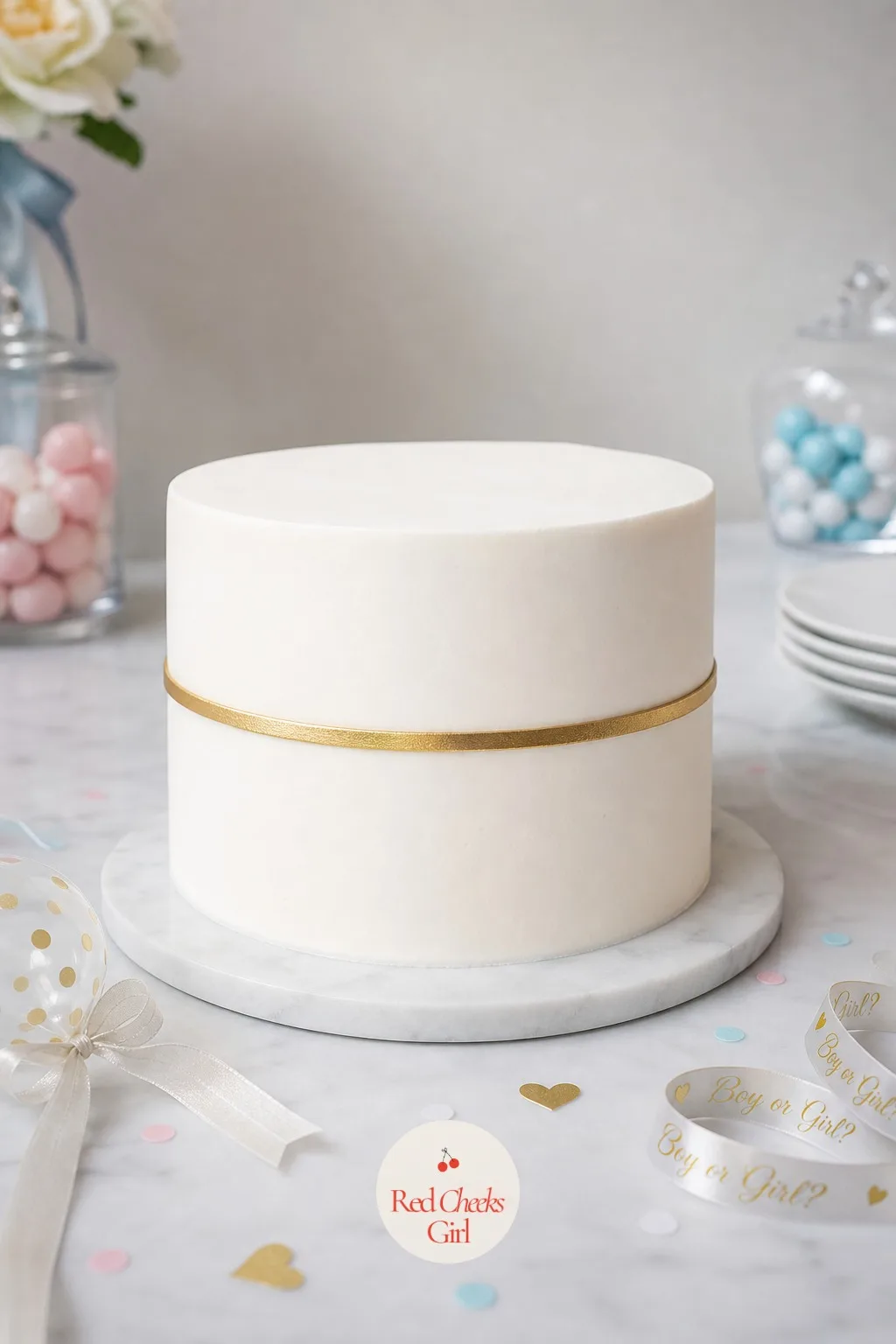 White Cake With a Single Gold Band — This one allows itself exactly one decoration, a thin band of gold running around the middle, which keeps it from reading