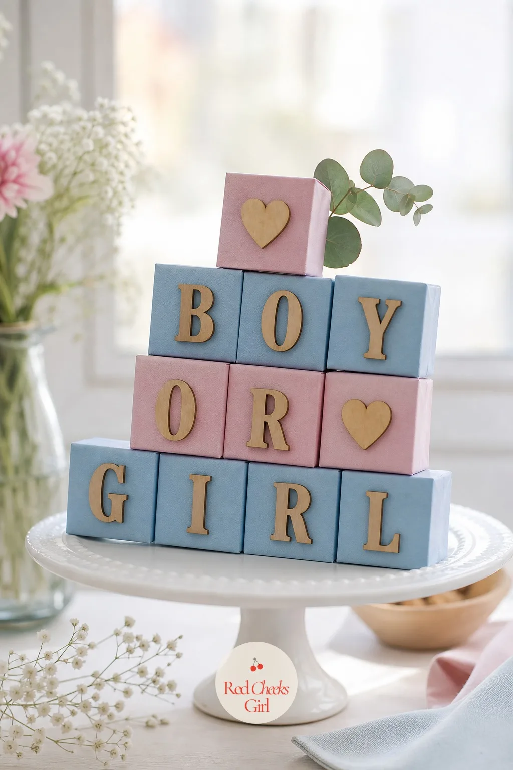 Baby Blocks — Stacked blocks read as nursery decor rather than party decor, which is exactly the point when the room is full of adults. Gender reveal