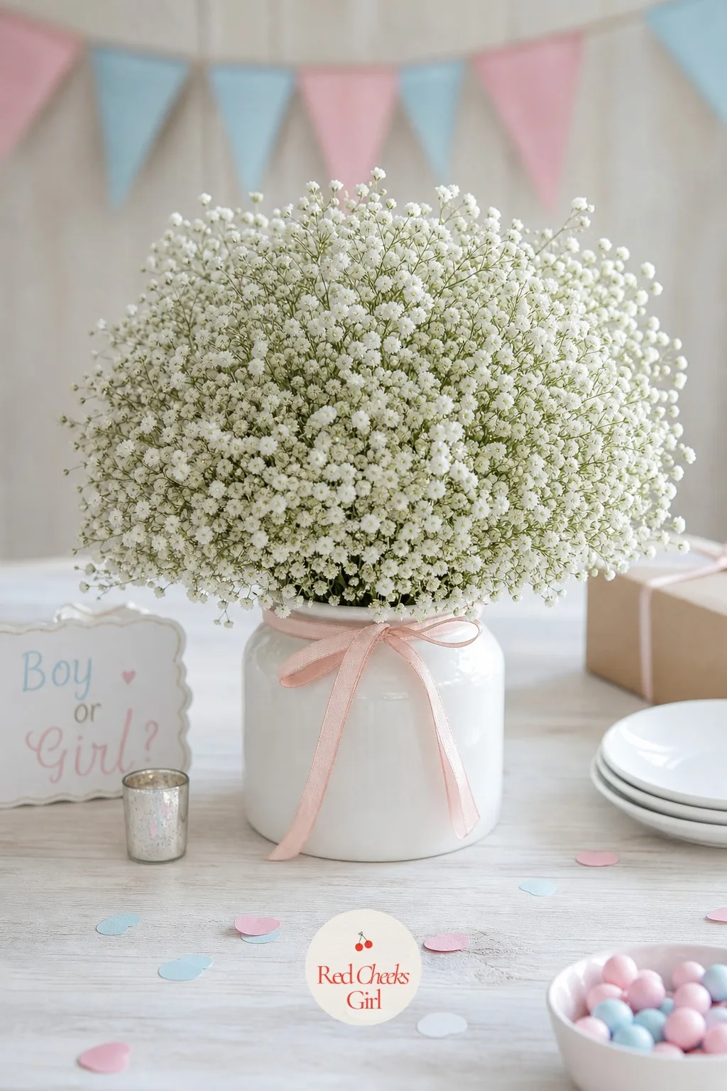 Baby's Breath Clouds — If roses feel like a wedding borrowed the party, baby's breath softens the whole table without trying so hard. Gender reveal centerpieces