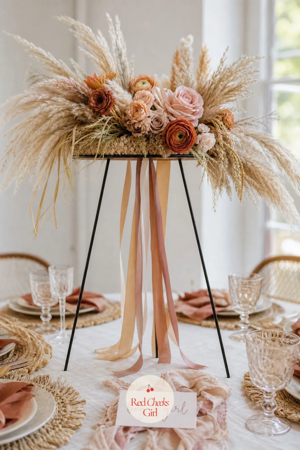 Boho Florals on a Wire Pedestal — For the table that wants height without a tall vase blocking conversation across it, a wire pedestal does the lifting instead