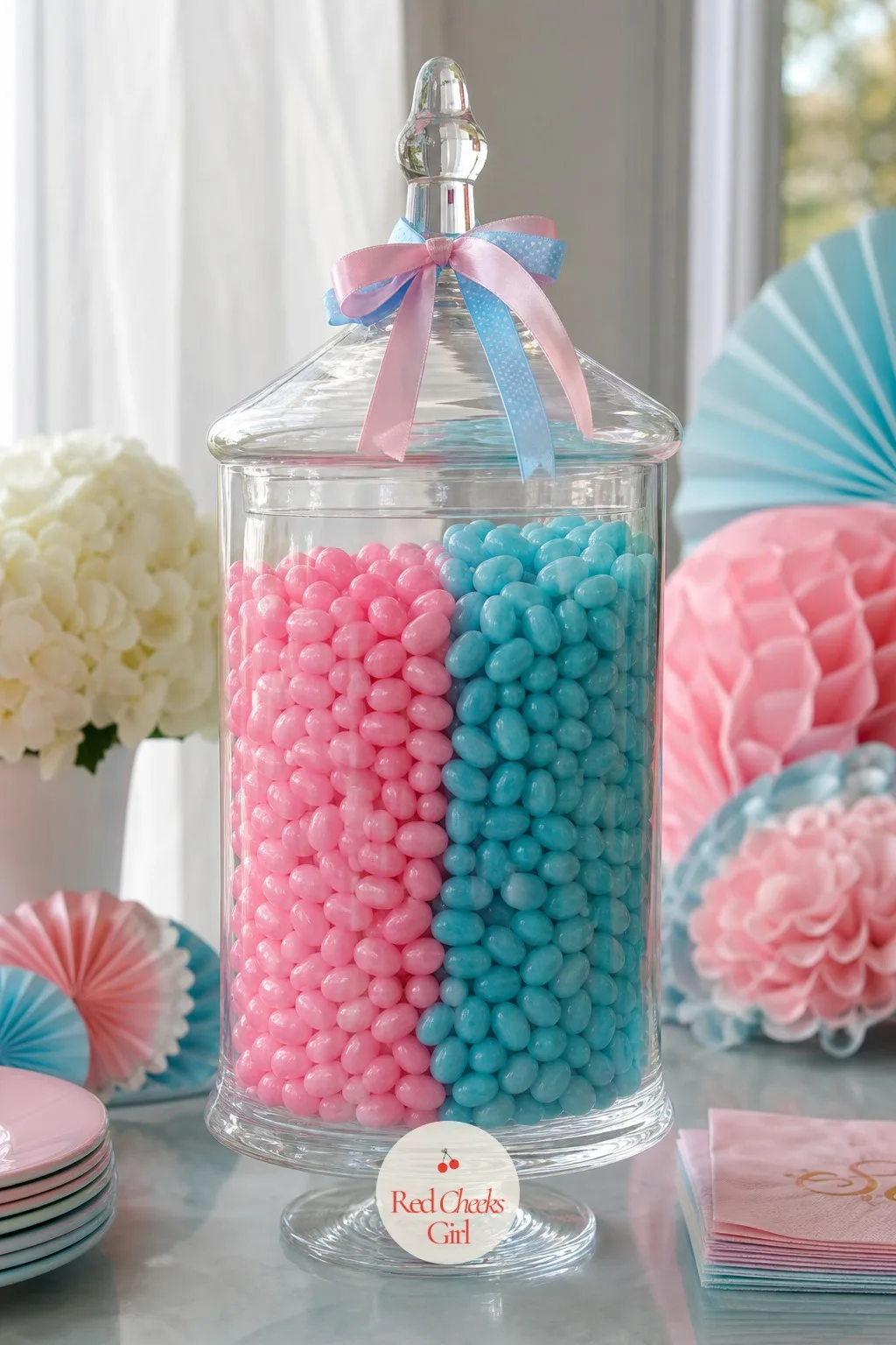 Candy Jar in Both Colors — A clean split of colour inside glass does more work than most arrangements twice its size. Gender reveal centerpieces