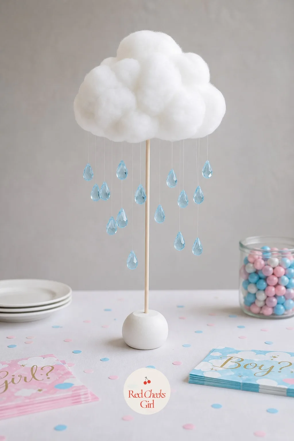 Cloud with Raindrops — A little rain cloud sitting on the table asks the question in a shape nobody else at the party will have thought to bring. Gender reveal
