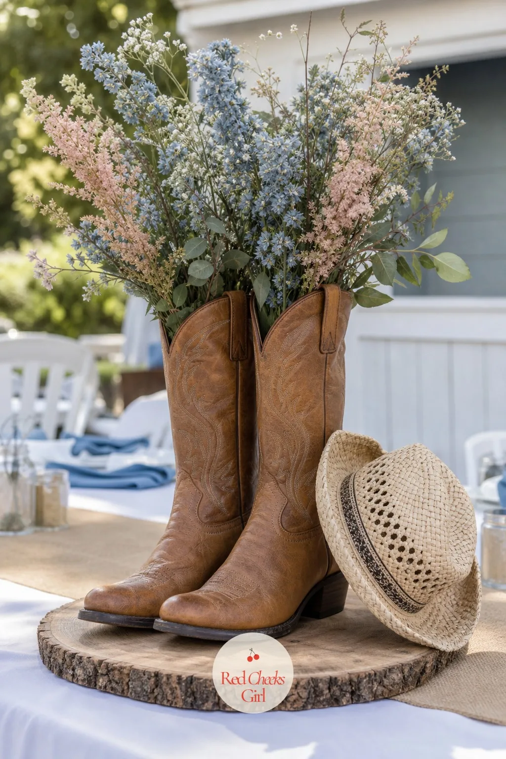 Cowboy Boots with Flowers — She might say this looks like it belongs at a wedding reception, not a nursery announcement, but a pair of boots filled with
