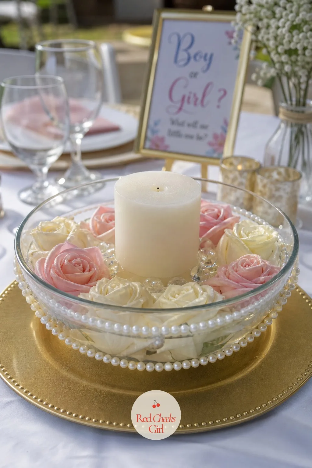 Glam Rose Centerpiece — A tablescape that looks catered rather than crafted starts low and glassy. Gender reveal centerpieces