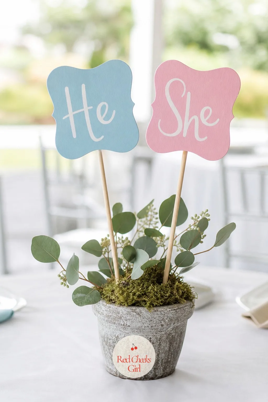 'He or She' Signs on Sticks — For a table that asks the actual question outright, two small signs do the job better than any amount of pink and blue. Gender