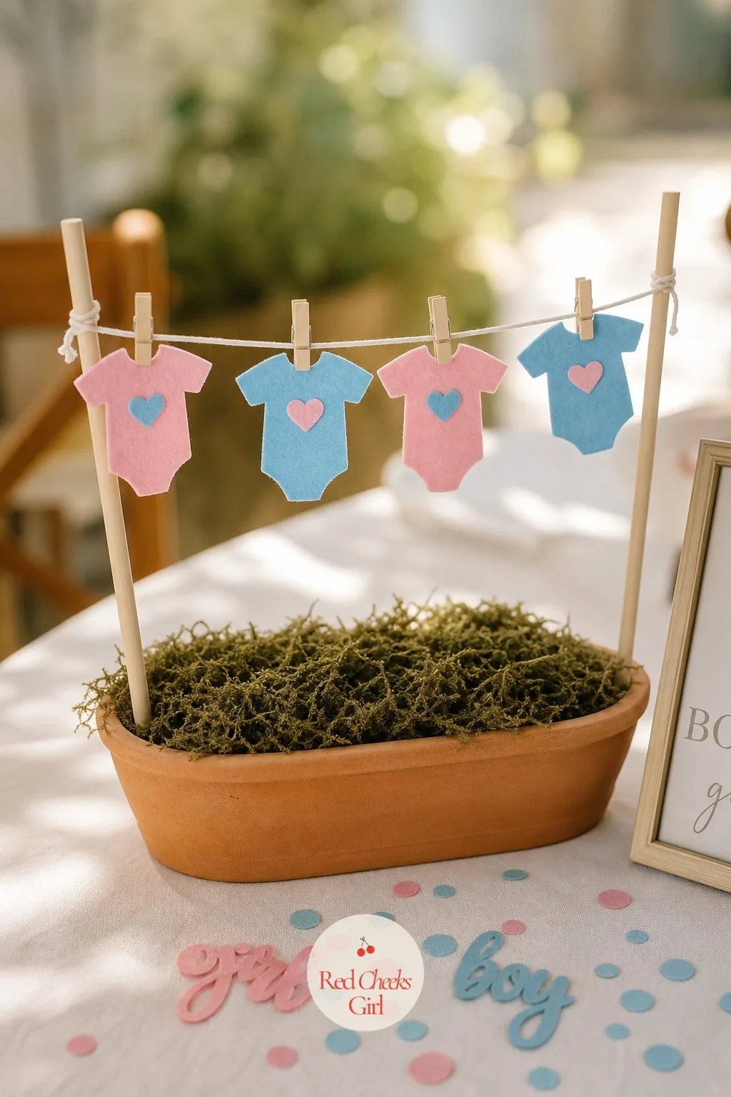 Onesie Line — A miniature washing line brings the one prop every baby shower reaches for down to table size. Gender reveal centerpieces