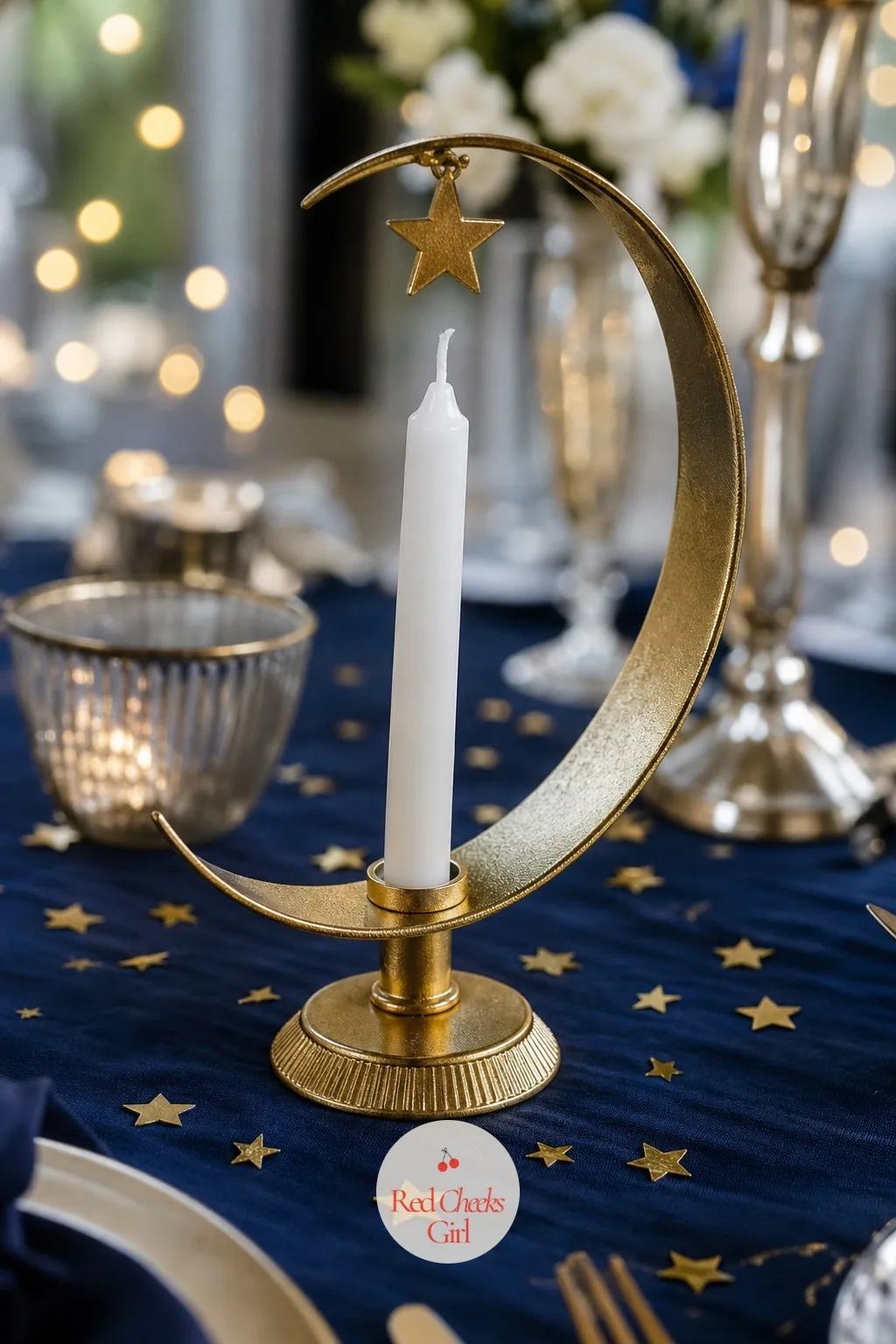 Star and Moon — A celestial table skips pink and blue almost entirely and still answers the question through gold against navy. Gender reveal centerpieces