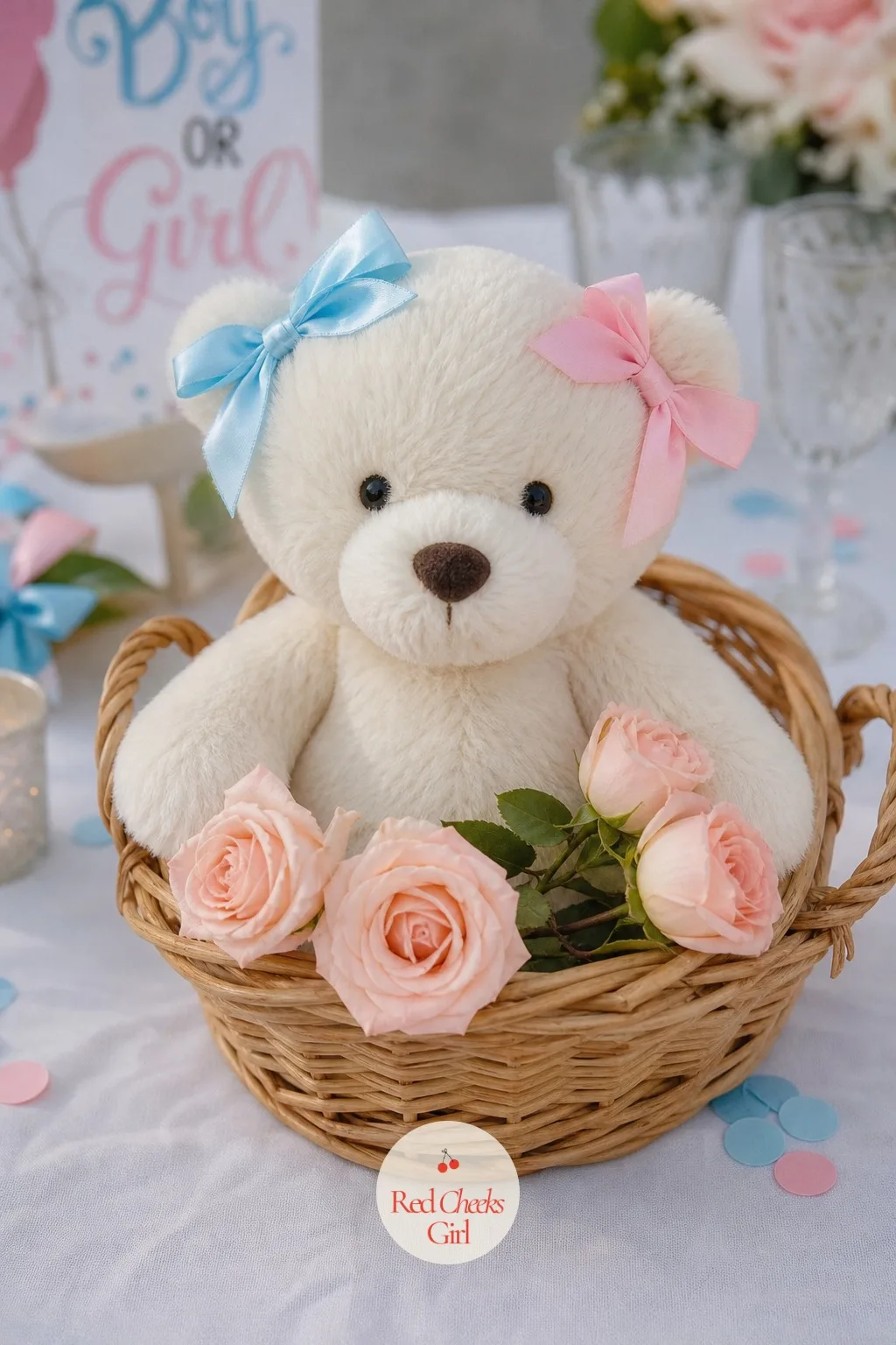 Teddy Bear with Bows — Nothing on this list needs less explaining to a guest than a bear sitting at the table. Gender reveal centerpieces