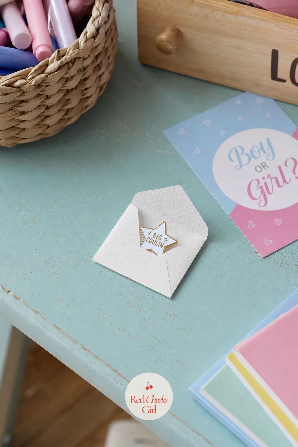 Big-Cousin Pin Mailed in a Tiny Envelope — A cousin who is about to become a big cousin wants something to show off, not just something to be told. Gender