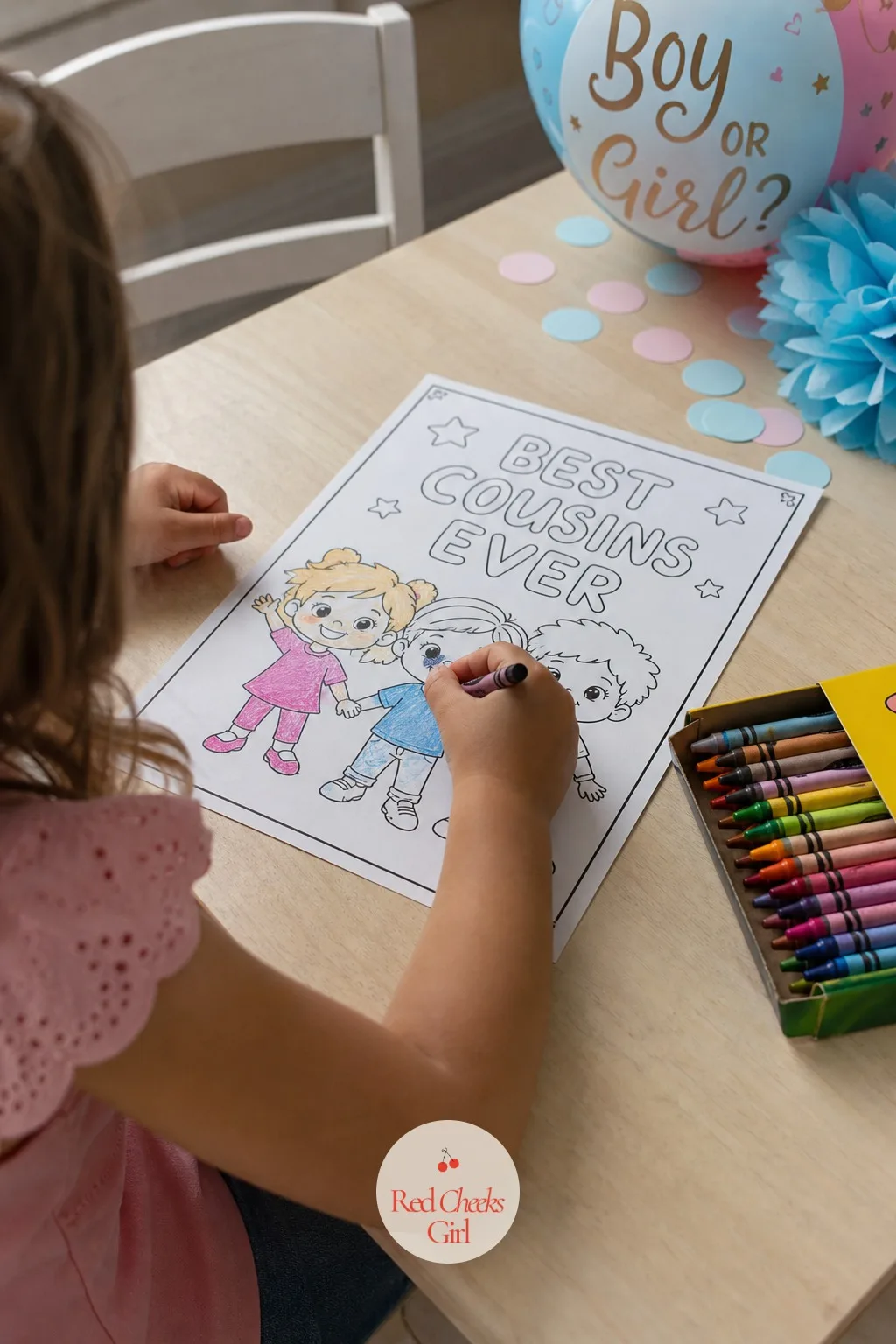 Coloring Page for Cousins — A countdown on a screen means nothing to a five year old cousin. Gender reveal ideas for family
