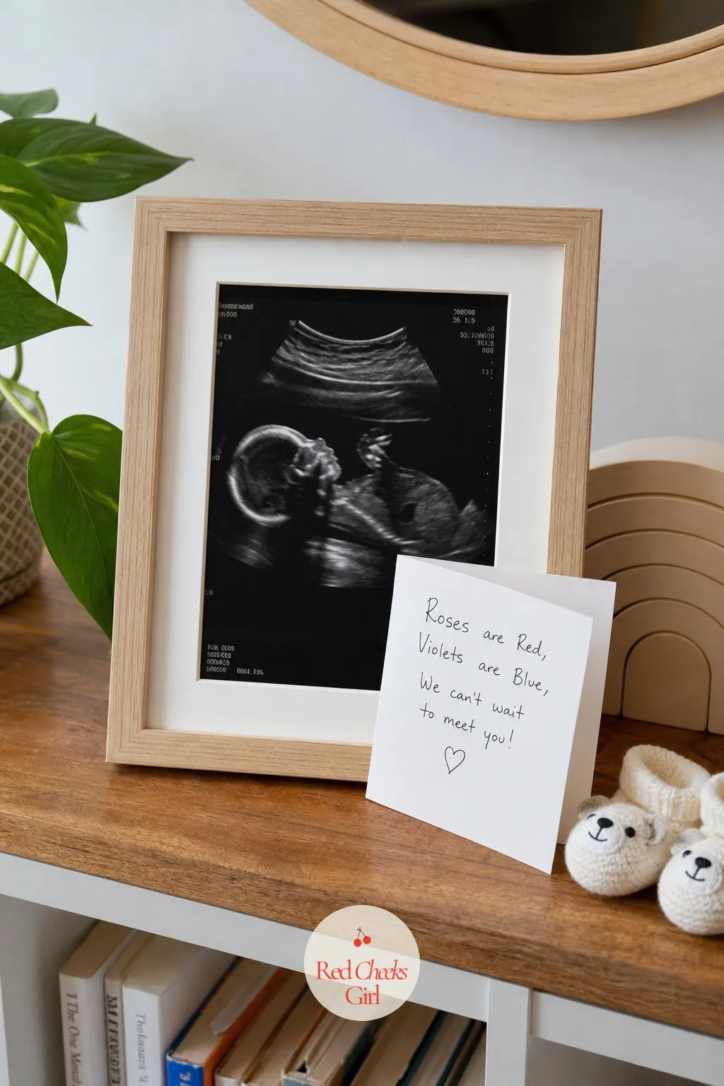 Framed Ultrasound With a Note — Some relatives do not want a stunt, they want something to put on a shelf. Gender reveal ideas for family