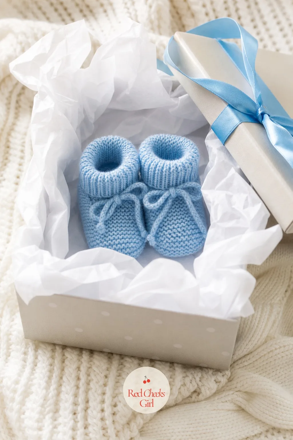 Gift Box With Tiny Shoes — Nothing makes the baby feel real to a faraway grandparent quite like holding something the baby will actually wear. Gender reveal