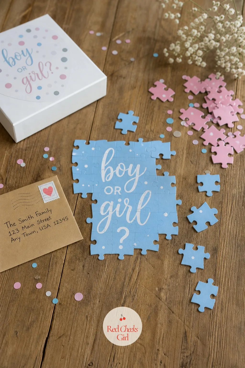 Puzzle in the Mail — Send a jigsaw puzzle with two sets of pieces mixed into the same box, one pink, one blue, and only one set actually fits the frame. Gender