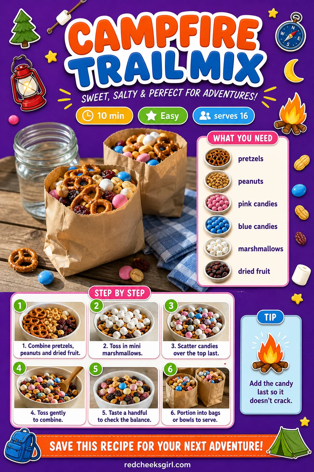 Campfire Trail Mix Recipe Card printable sheet — A card for the no-bake mix, portioned into bags. Gender reveal food ideas
