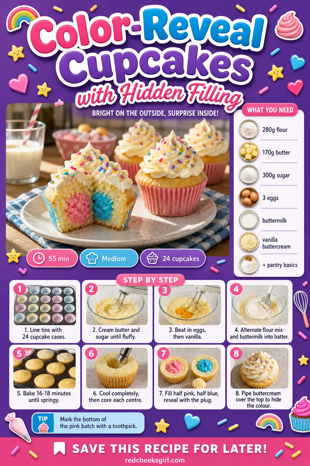 Color-Reveal Cupcakes with Hidden Filling Recipe Card printable sheet — A card showing the cupcake sliced open to reveal the coloured centre. Gender reveal