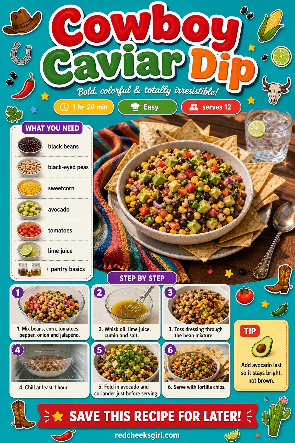 Cowboy Caviar Dip Recipe Card printable sheet — A card for the bean salsa and its chip pairing. Gender reveal food ideas