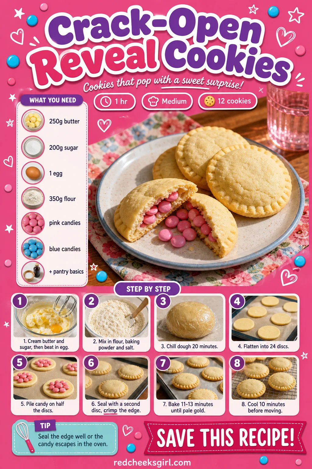 Crack-Open Reveal Cookies Recipe Card printable sheet — A card showing one cookie cracked open with candy spilling out. Gender reveal food ideas