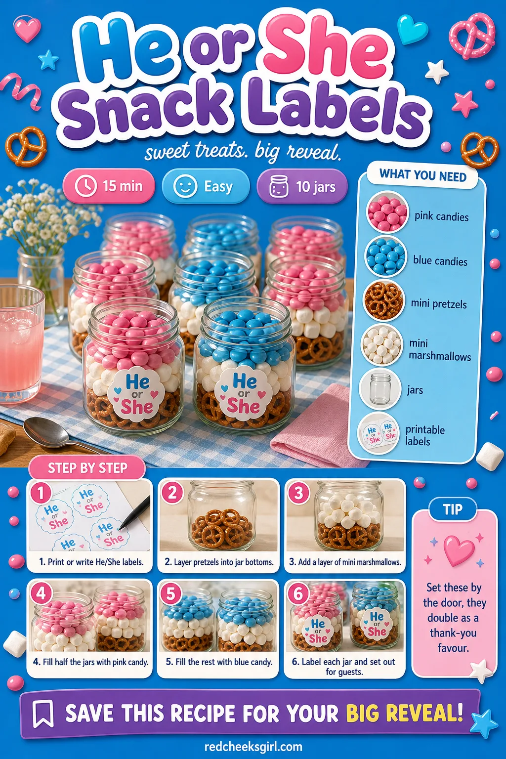 He or She Snack Labels Recipe Card printable sheet — A card for building and labeling the take-home candy jars. Gender reveal food ideas