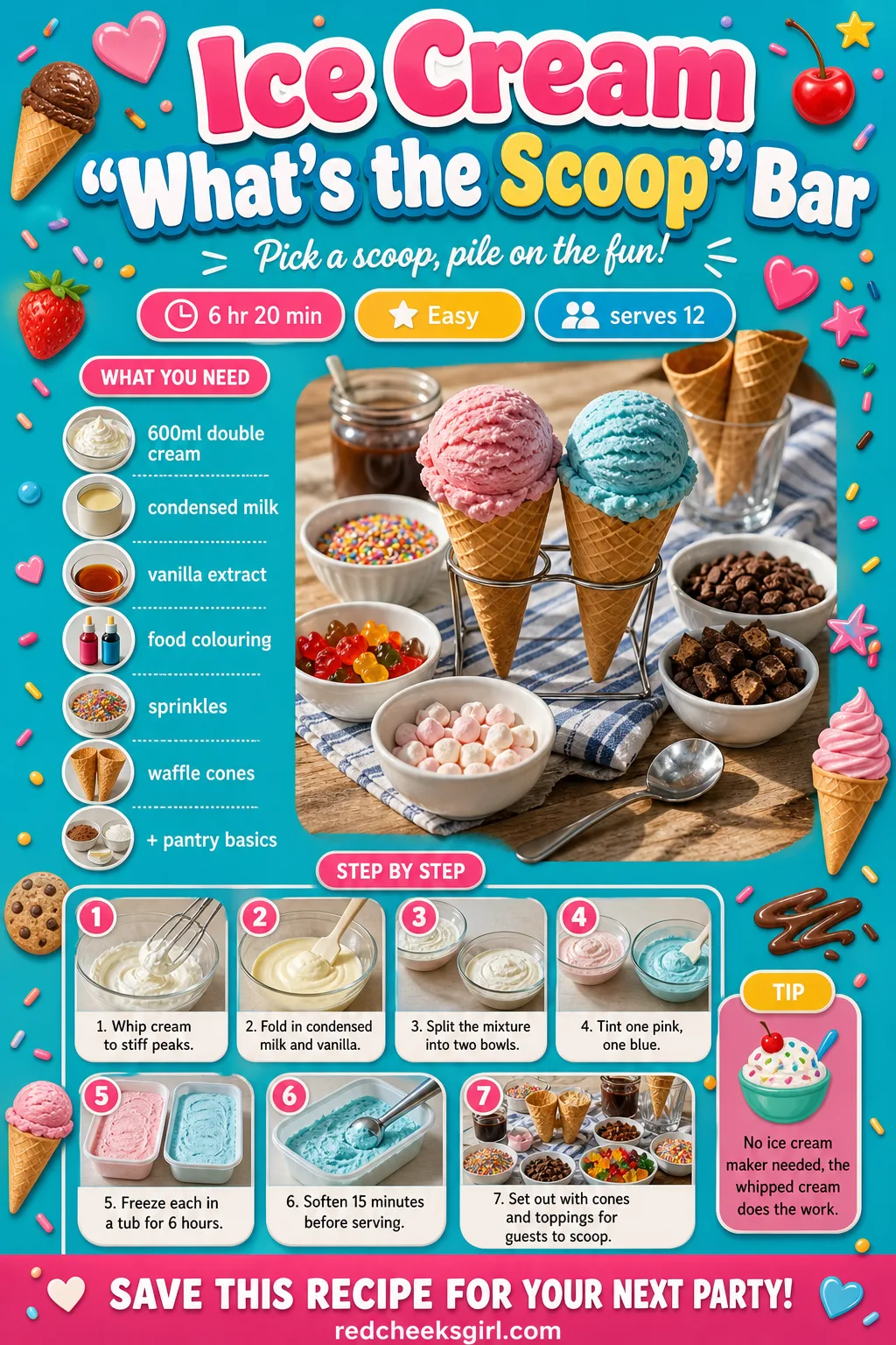 Ice Cream "What's the Scoop" Bar Recipe Card printable sheet — A no-churn base recipe plus the topping bar layout. Gender reveal food ideas