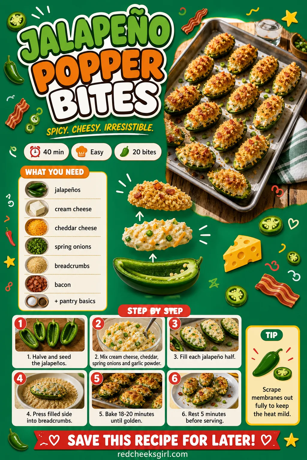 Jalapeño Popper Bites Recipe Card printable sheet — A card showing the filled, baked poppers on a tray. Gender reveal food ideas