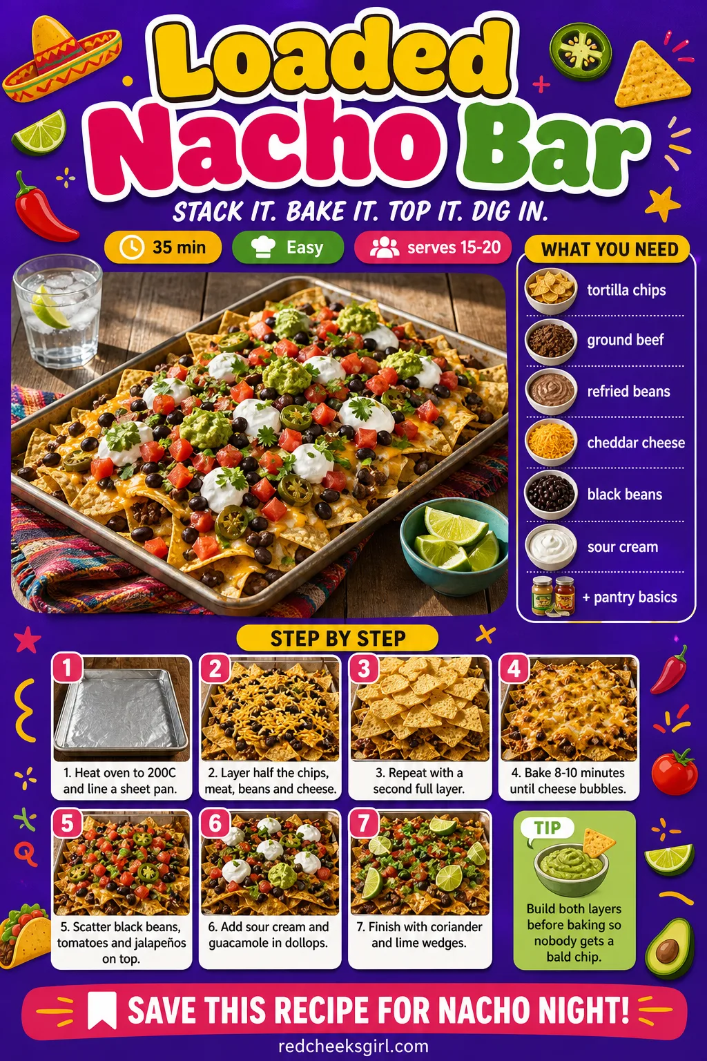 Loaded Nacho Bar Recipe Card printable sheet — A layer-by-layer card for building the nacho tray. Gender reveal food ideas