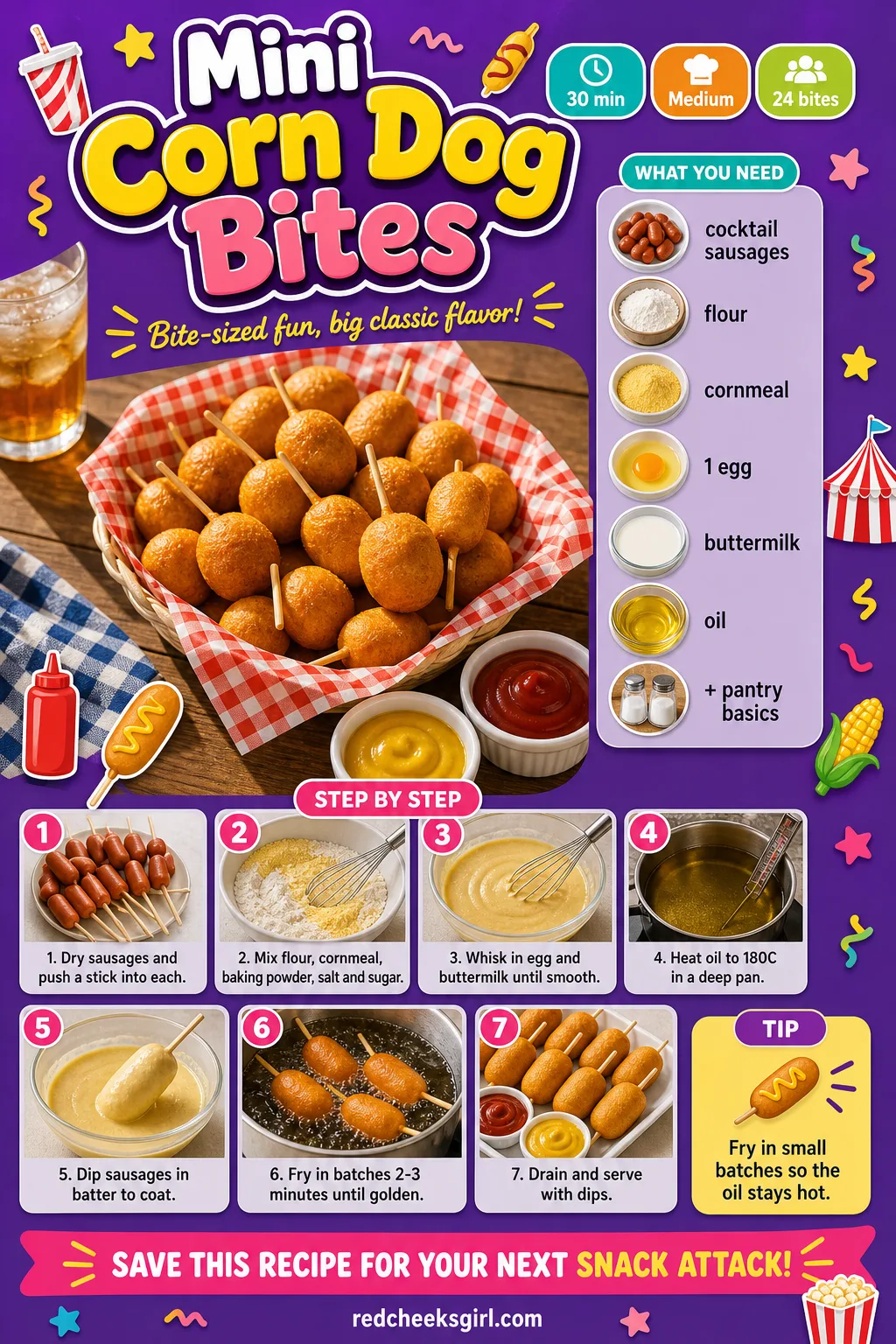 Mini Corn Dog Bites Recipe Card printable sheet — A card showing the fried bites on their sticks. Gender reveal food ideas
