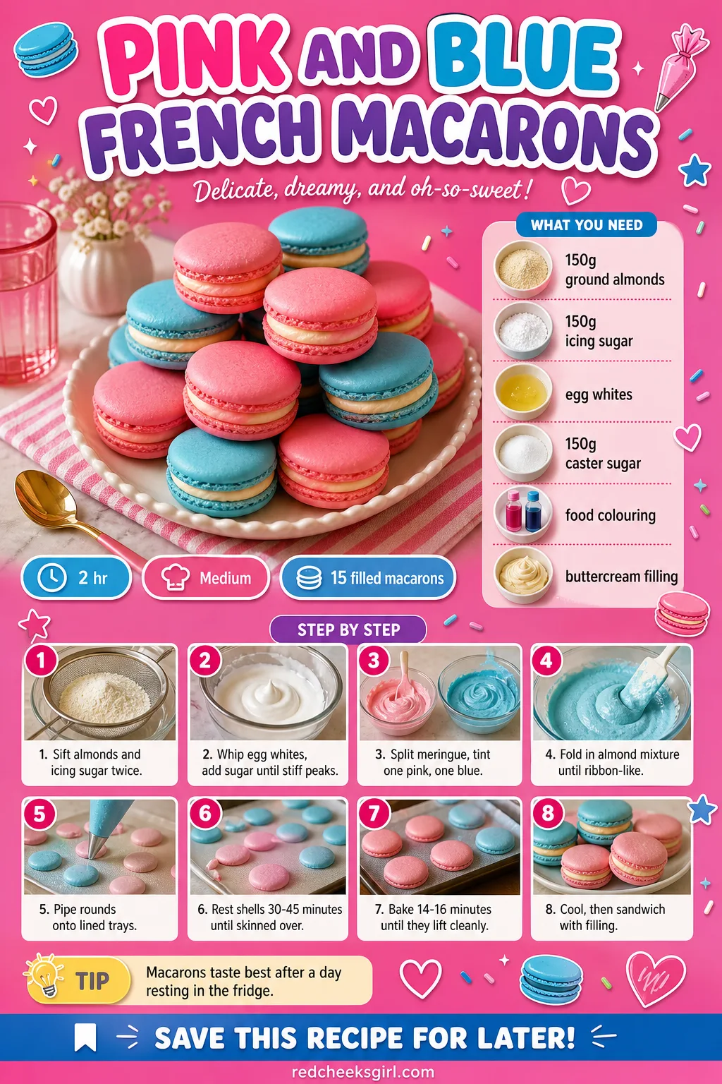 Pink and Blue French Macarons Recipe Card printable sheet — A card for piping, resting and sandwiching the shells. Gender reveal food ideas