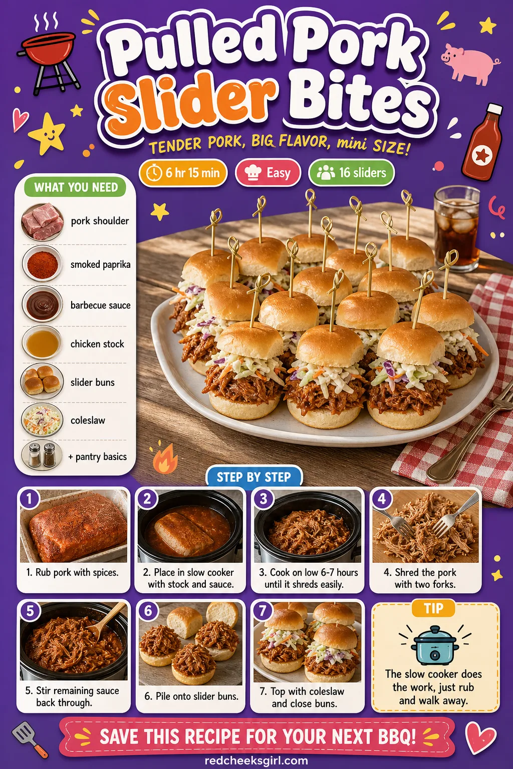 Pulled Pork Slider Bites Recipe Card printable sheet — A card showing the slider built from bun to bun. Gender reveal food ideas
