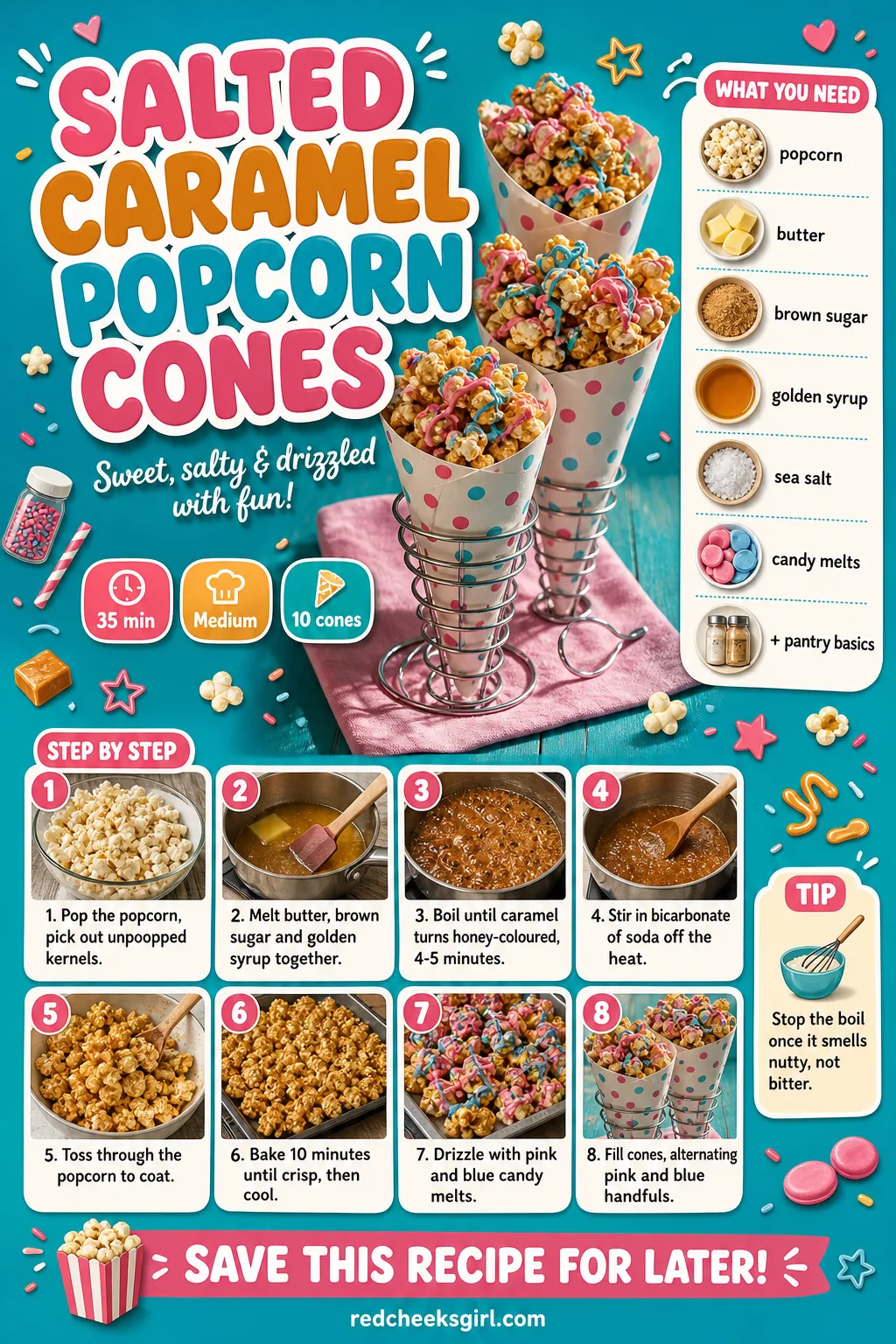 Salted Caramel Popcorn Cones Recipe Card printable sheet — A card showing the finished cones filled with both colours. Gender reveal food ideas