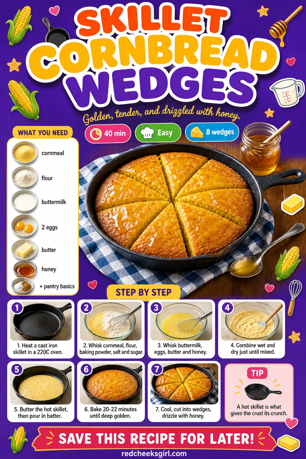 Skillet Cornbread Wedges Recipe Card printable sheet — A card showing the cornbread sliced into wedges in its skillet. Gender reveal food ideas