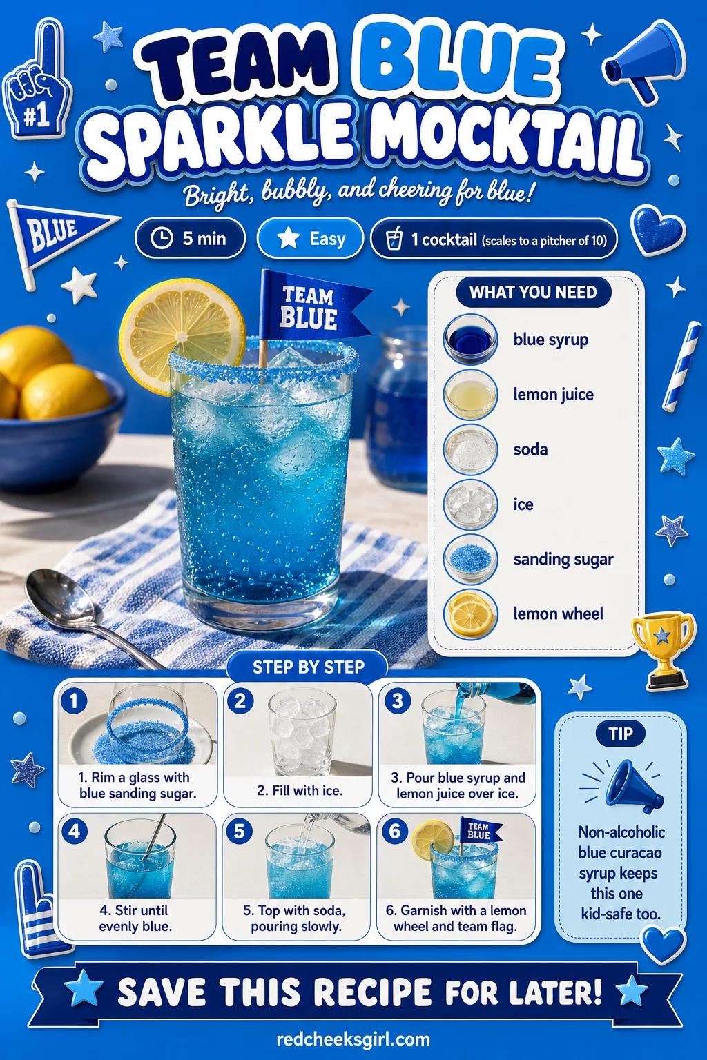 Team Blue Sparkle Mocktail Recipe Card printable sheet — A card for the layered, fizzy blue drink. Gender reveal food ideas