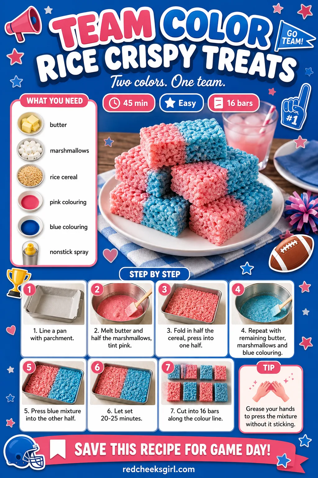 Team Color Rice Crispy Treats Recipe Card printable sheet — A card showing the bars cut along their pink-blue dividing line. Gender reveal food ideas