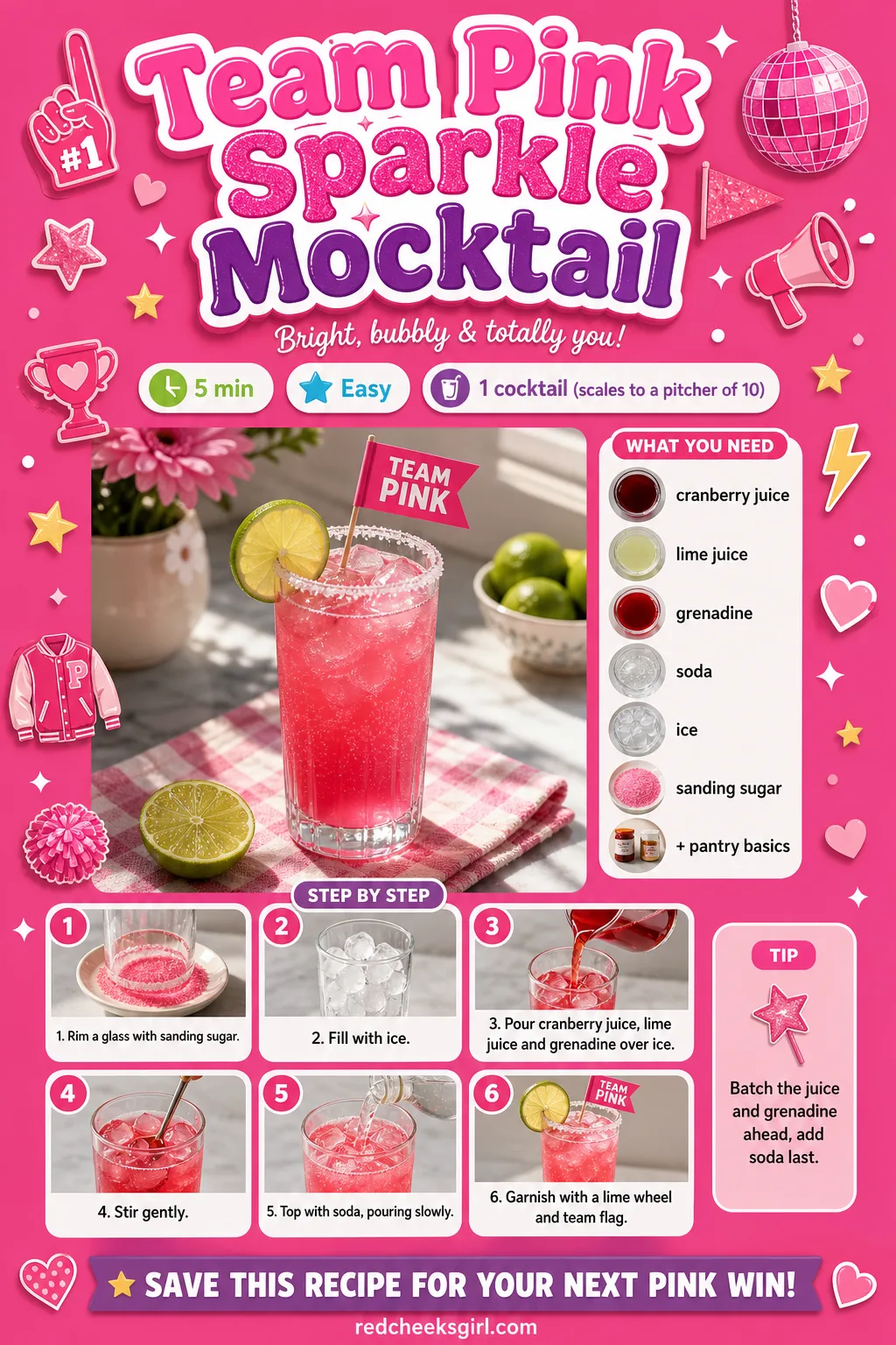 Team Pink Sparkle Mocktail Recipe Card printable sheet — A card for the layered, fizzy pink drink. Gender reveal food ideas