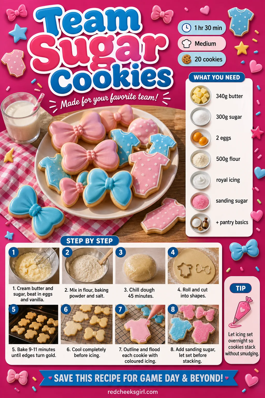 Team Sugar Cookies Recipe Card printable sheet — A card for rolling, cutting and icing the shaped cookies. Gender reveal food ideas