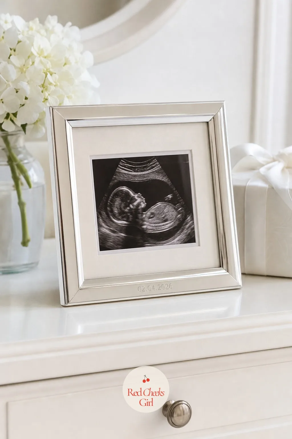 Engraved Silver Ultrasound Frame — The ultrasound photo usually lives folded in a wallet until it goes soft at the creases, which is a shame for the first
