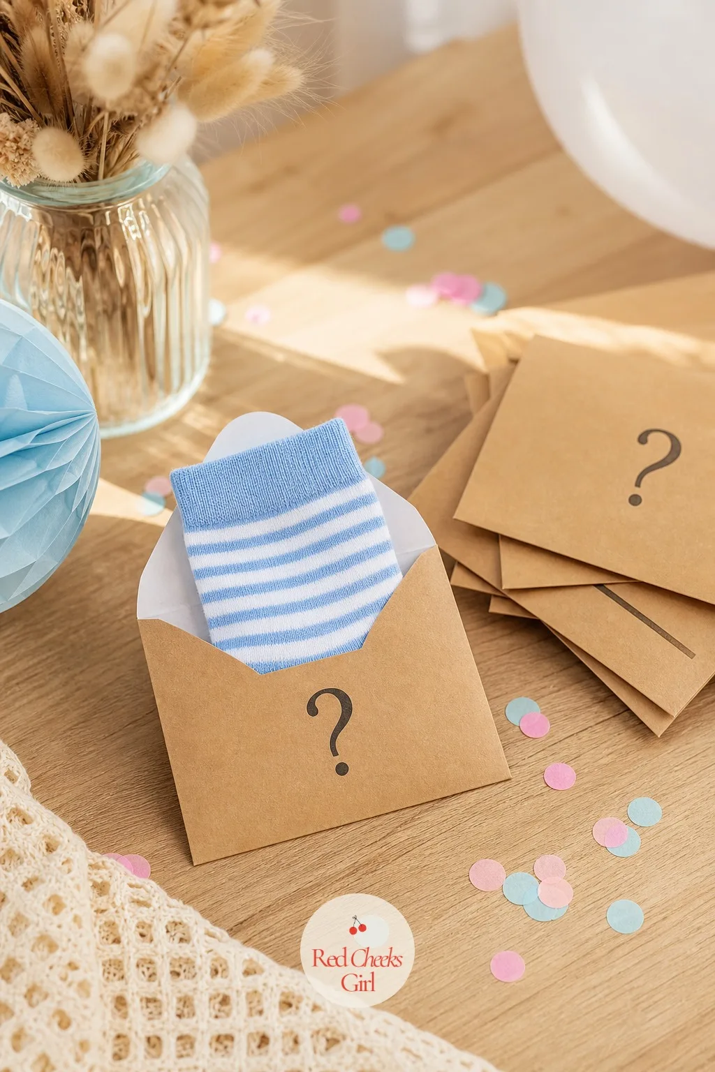 Gender Guess Socks in a Mini Envelope — This one doubles as a tiny guessing game: a small kraft envelope printed with a question mark, one sock pair sealed