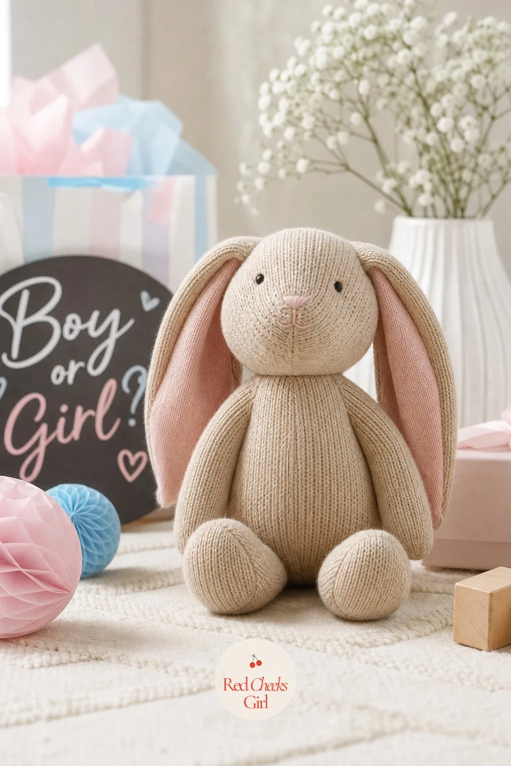 Knit Bunny Plush in Oat and Blush — A stuffed animal only earns shelf space if it is soft enough to actually hold, not just display. Gender reveal gift ideas