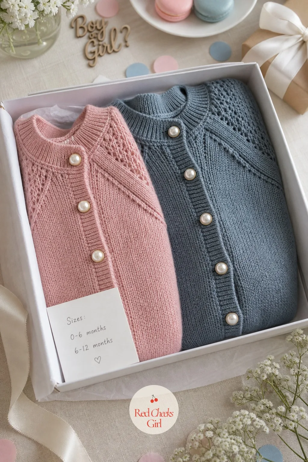 Knit Cardigan Duo in Rose and Slate — A thin onesie does nothing for a baby due in the middle of winter, and this set answers that without betting on a color.