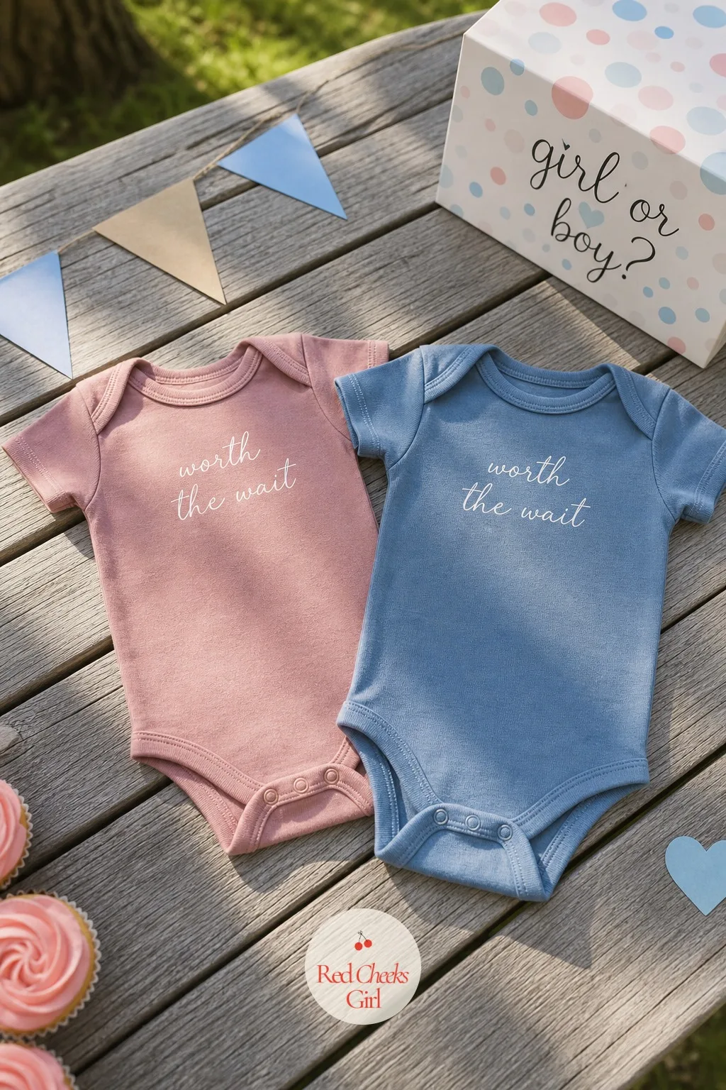 Mix-and-Match Onesie Pair With a Printed Line — Some reveals are backyard-casual rather than styled, and the gift should match that tone rather than fight it.