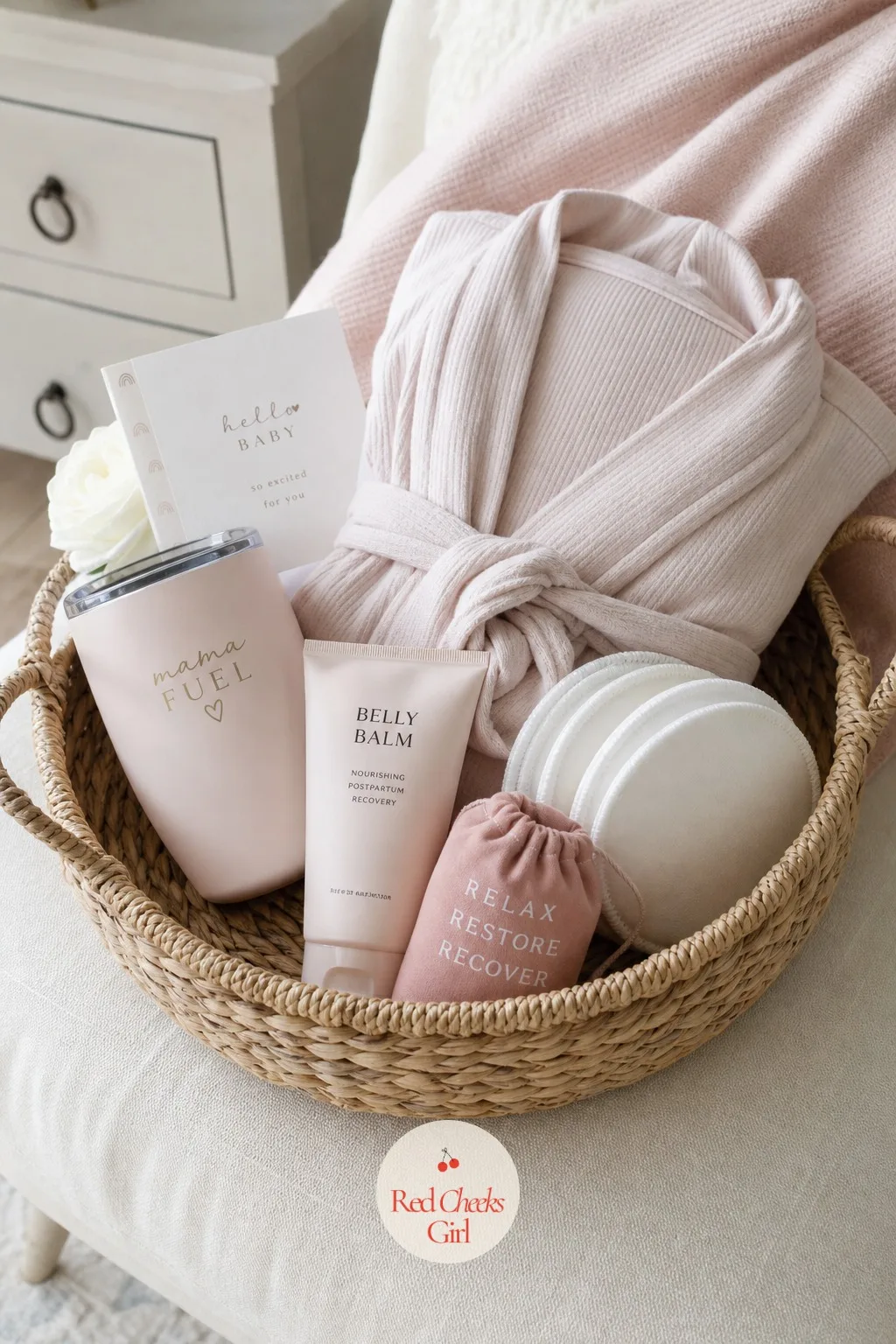 Postpartum Recovery Basket in a Woven Tray — A reveal happens mid-pregnancy, but a gift that looks ahead to the weeks right after birth shows a different kind
